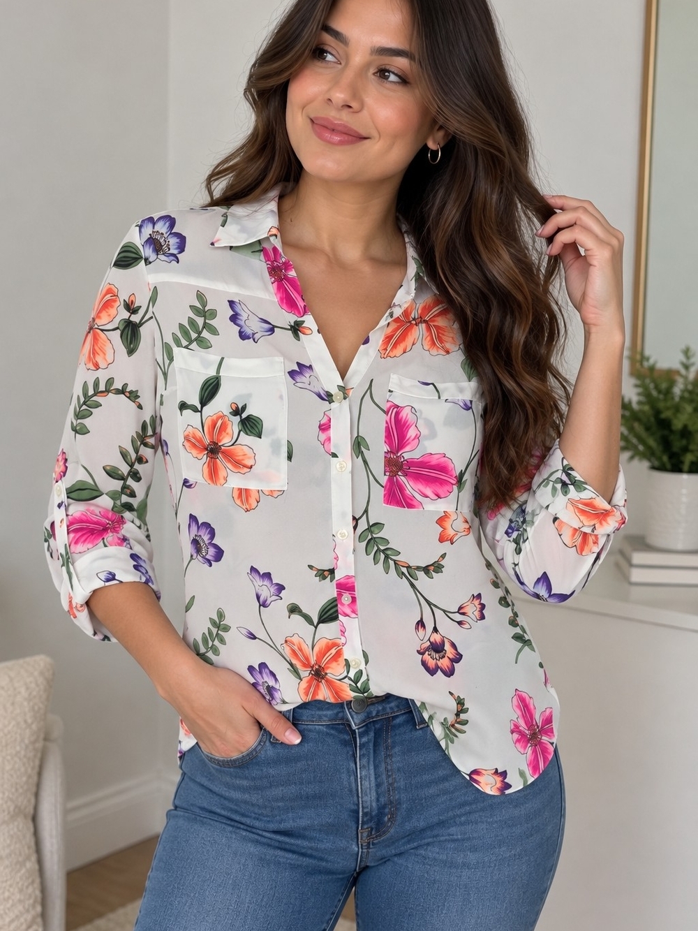Express Portofino Floral Blouse | Vibrant Pink, Orange & Purple Flowers | Size M